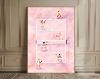 Tennis wall art, Pink Sports Illustration, Minimalist Wall Decor, Tennis Poster, Tiny People Art, Vintage Tennis Wall Art Tennis Lover Gift