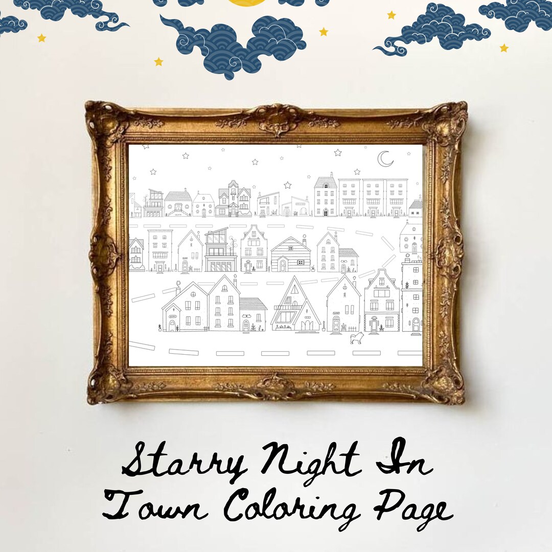 Starry Night Coloring Page Printable City Adult Coloring Etsy