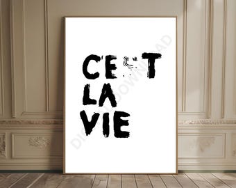Black & White C'est La Vie Poster French Quote Print Aesthetic Apartment Decor Minimalist Wall Art Typography Art Trendy Gallery Wall Decor