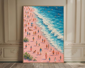 Pink Sand Beach Print Aerial Ocean Prints Coastal Decor Wave Print Maximalist Tiny People Swimming Poster Beach House Pastel Oil Painting
