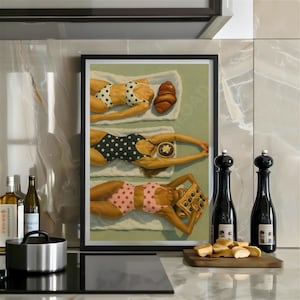 Póster de arte abstracto vintage para mujer, bikini, estampado de lunares, líneas de bronceado retro, pastelería de bistró francés, arte mural, impresión de cocina moderna