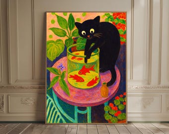 Vibrant Goldfish With Cat Funny Cat Print Vintage Black Cat Poster Cat Lover Gift Textured Oil Painting Cat Mom Gift Minimalist Artwork