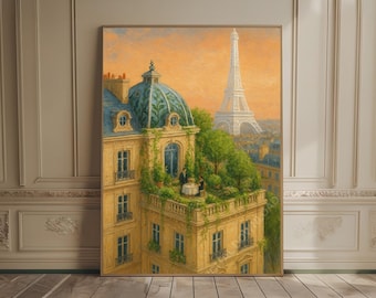 Paris Cityscape Oil Painting Art Print Cafe Green Textured Cityscape Artwork Travel Art Print France Poster Paris City Retro Europe Print