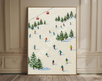 Ski Print Tiny People Wall Art Retro Après Ski Wall Art Ski Lodge Decor Textured Oil Painting Ski Cabin Print Ski Resort Art Skiing Print
