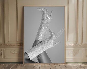 Estampado de tacones altos, estampado de moda de lujo, arte mural femenino, póster de tacones altos, decoración de dormitorio femenino, estampado de mujer fatal estilo Estocolmo en blanco y negro