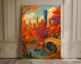 Autumn in New York Wall Art – Fall Watercolor Painting of Central Park, Cozy Cityscape Print, Vintage NYC Decor Poster, Colorful City Art