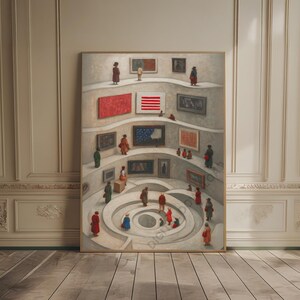 May include: A framed artwork depicting an art gallery with multiple paintings and figures. The artwork features a spiral layout with people viewing the art. The paintings include a red abstract piece, an American flag, and other framed images. The color palette is muted with earth tones.