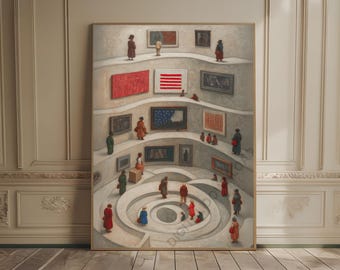 tiny people in a museum oil painting neutral wall art abstract painting trendy apartment decor small people poster minimalist muted decor