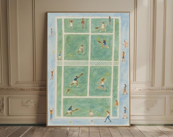 テニスプリント スポーティなウォールアート 水彩画 トレンディなアートプリント グリーンウォールデコ テニスポスター テニスコートプリント 小さな人物プリント カントリークラブ