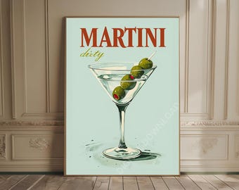 Impresión de Martini sucio, póster de cóctel retro, arte de pared, impresión de carrito de bar elegante, impresión de Martini Art Deco, impresión de bebidas divertidas, póster de cocina moderno