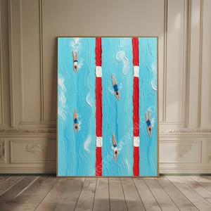 Tiny People Swimming in Pool Painting Swimming Pool Print Sporty Wall Art Textured Art Deco Bathroom Tiny Swimmers Print Gift for Swimmer