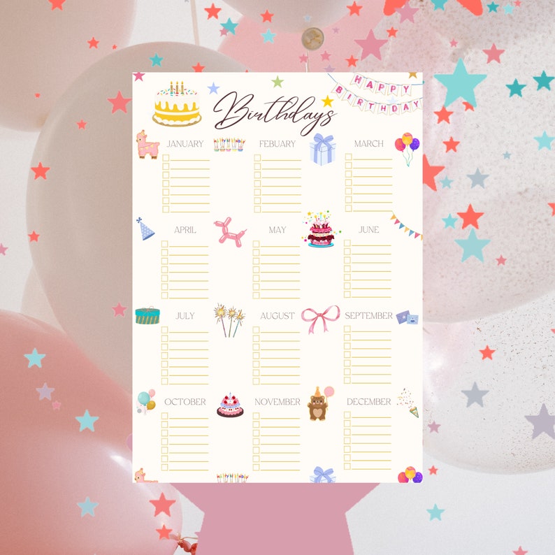 Birthday Tracker Printable Template Birthday Planner - Etsy