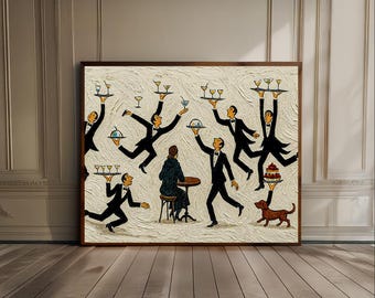 Horizontal Tiny People Print Servers in a Restaurant Vintage Food & Drink Poster Fun Bar Decor Retro Bar Print Cafe Painting Trendy Kitchen