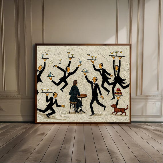 Horizontal Tiny People Print Servers in a Restaurant Vintage Food & Drink Poster Fun Bar Decor Retro Bar Print Cafe Painting Trendy Kitchen