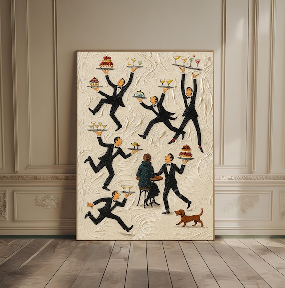 Tiny People Print Servers in a Restaurant Vintage Food & Drink Poster Fun Bar Decor Retro Bar Print Cafe Oil Painting Trendy Kitchen Decor