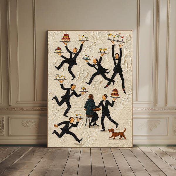Tiny People Print Servers in a Restaurant Vintage Food & Drink Poster Fun Bar Decor Retro Bar Print Cafe Oil Painting Trendy Kitchen Decor