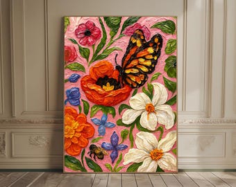 Colorful Botanical Wall Art Print, Modern Floral Poster, Vibrant Flower Artwork, Textured Impasto Painting, Luxury Pastel Fleur Decor