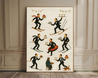 Tiny People Print Servers in a Restaurant Vintage Tiny Skiiers Print Fun Bar Art Snowy Ski Bar Print Cafe Oil Painting Trendy Kitchen Decor