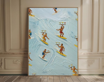 Tiny People Print Servers on Surf Boards Aerial Surfers Art Print Vintage Food & Drink Poster Fun Bar Decor Retro Bar Art Textured Painting