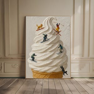 May include: An art print showing a soft-serve ice cream cone with miniature skiers and a dog skiing down the swirls. The cone is a light beige colour, and the skiers are wearing colourful outfits. The background is a textured white.