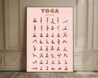 Póster de posturas de yoga con chakras, impresión de bienestar, guía de chakras, arte de posturas de meditación, impresión de yoga, arte mural zen, decoración espiritual, arte mural de relajación