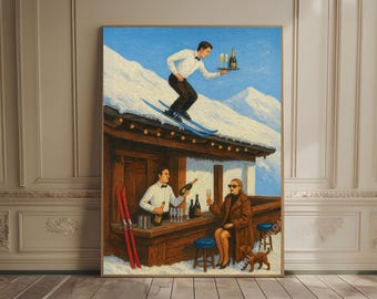 Retro St Moriz Tiny People Print Servers in a Restaurant Vintage Food & Drink Poster Ski Print Fun Winter Bar Cart Decor Textured Painting