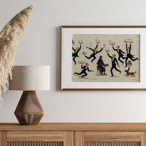 May include: A framed wall art print featuring a whimsical illustration of multiple waiters in black tuxedos balancing trays of drinks and food around a seated figure at a small table, with a small brown dog standing near a tiered cake tray.