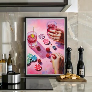 Stampa artistica del casinò, poster rosa per la serata di poker, ragazze, decorazione glamour per la serata di poker, dipinto a olio, elegante arte murale per sala giochi, lussuosa arte per feste