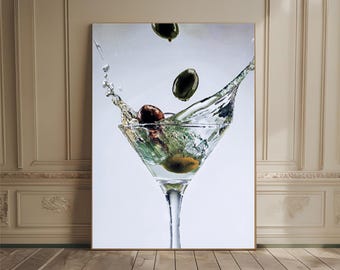 Olijf spatten in vuile martinicocktail – Barcart-muurkunst chique barposter cocktailmuurkunst Esthetische muurkunst leuke martiniglasafdruk
