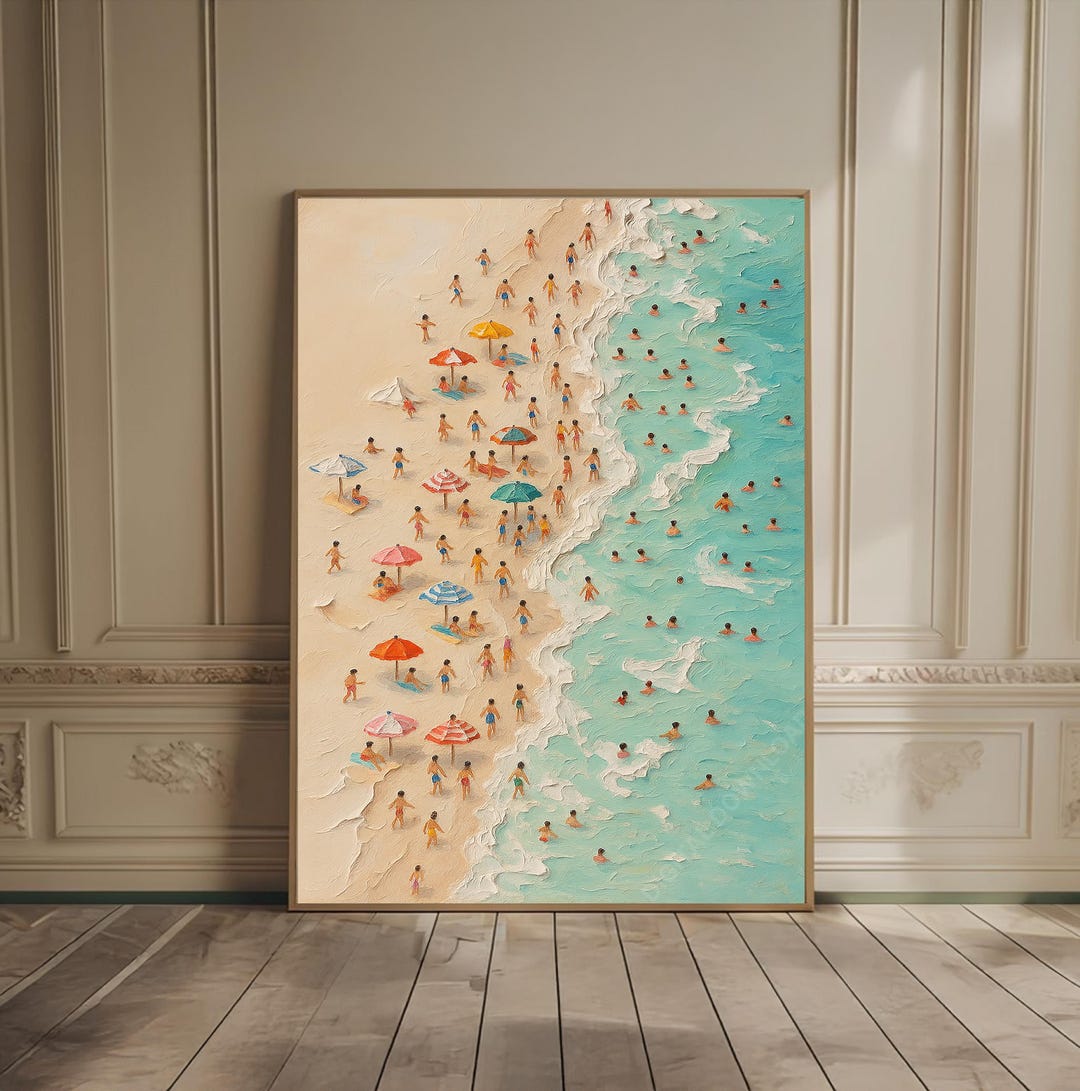 小さな人々のプリント、海の油絵、夏の壁アート、海で泳ぐ小さな人々の