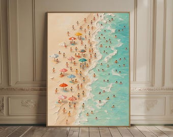 tiny people print, ocean oil painting, summer wall art, tiny people swimming in ocean print, aerial beach view print, minimalist beach house