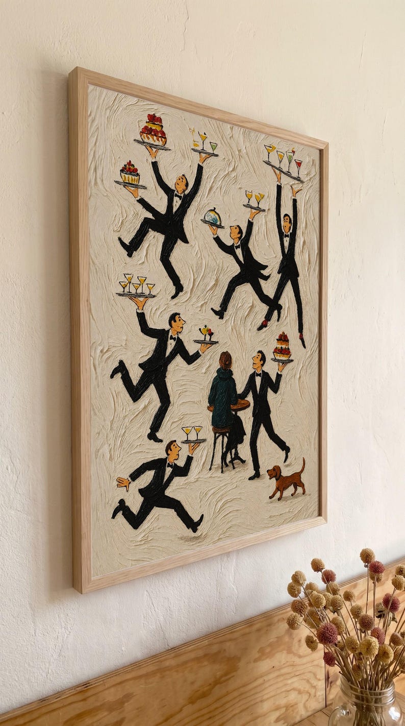 May include: A framed textured painting on a cream background featuring multiple figures in black tuxedos carrying trays with food and drinks. A seated figure at a small table and a small brown dog are also depicted in the scene.