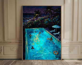 May include: An oil painting depicts a nighttime pool scene with figures swimming in the turquoise water. Palm trees and a dark sky with a hint of the ocean are in the background. The artwork includes a framed print with a wooden frame.