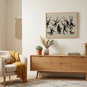 May include: A rectangular framed wall art print featuring a whimsical illustration of multiple waiters in black tuxedos carrying trays of drinks and food, surrounding a seated figure at a table, with a small brown dog standing on the right side.