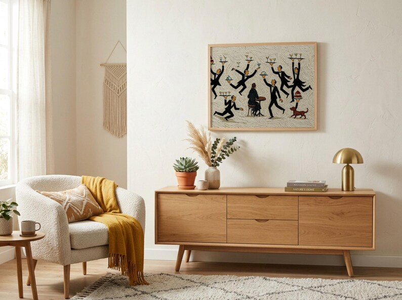 May include: A rectangular framed wall art print featuring a whimsical illustration of multiple waiters in black tuxedos carrying trays of drinks and food, surrounding a seated figure at a table, with a small brown dog standing on the right side.