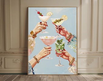 Stylish Cocktail Bar Print Preppy Girls Night Out Martini Artwork for Home Decor Chic Martini Glass Glam Wall Art with Hand Holding Cocktail