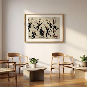 May include: A framed horizontal wall art print featuring a whimsical illustration of multiple figures in black tuxedos balancing trays with glasses and cakes, surrounding a seated figure at a small table, with a small brown dog standing nearby.