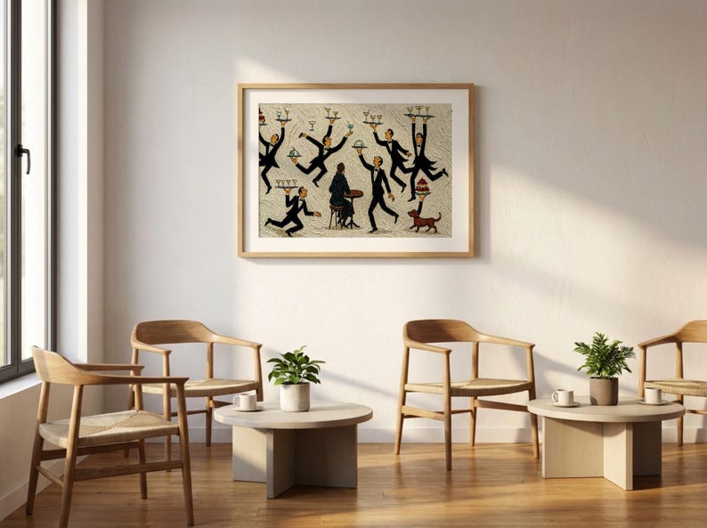 May include: A framed horizontal wall art print featuring a whimsical illustration of multiple figures in black tuxedos balancing trays with glasses and cakes, surrounding a seated figure at a small table, with a small brown dog standing nearby.