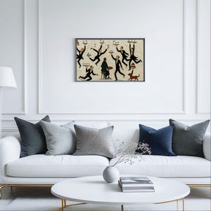 May include: A framed horizontal wall art print featuring a whimsical illustration of multiple waiters in black suits and bow ties balancing trays of drinks and food, with one person seated at a small table and a small brown dog standing nearby.