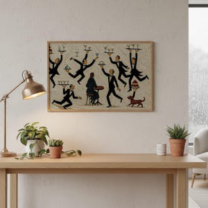 May include: A rectangular framed wall art print featuring a textured beige background with multiple figures in black suits and bow ties. The figures are depicted in motion, carrying trays of drinks and food, while one figure sits at a small table.