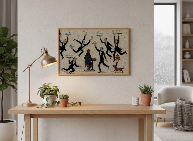 May include: A rectangular framed wall art print featuring a textured beige background with multiple figures in black suits and bow ties. The figures are depicted in motion, carrying trays of drinks and food, while one figure sits at a small table.