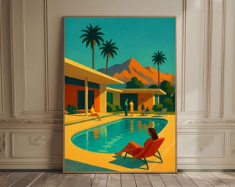 Palm Springs Retro Poster Mid Century Poolside Oasis Poster, Palm
