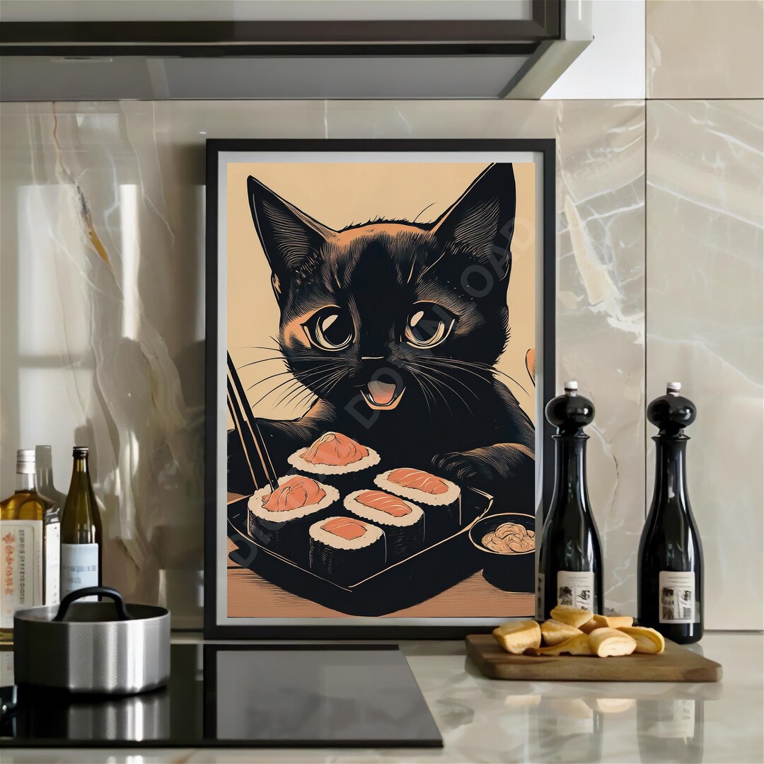 Black Cat Sushi Poster Tokyo Art Vintage Kitchen Print Oishii Cute ...