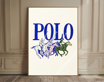 Paardensport kunst polospel print typografie muur kunst blauwe luxe mode print preppy paard print sportief dopamine decor countryclub prints