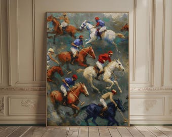 Impresión de partido de polo de lujo, arte de juego de polo vintage, arte de caballo de polo, pintura al óleo de paisaje, regalo para amantes del polo, impresión ecuestre, club de campo de lujo