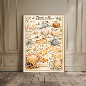 May include: A framed print titled "Les Fromages de France" showcasing various French cheeses. The watercolor-style illustration features a variety of cheeses, including Camembert, Roquefort, and Brie, with their names displayed. The print is set against a neutral wall.