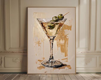 Martini Glass with Olives Oil Painting Print: Minimalist Cocktail Art, Bar Kitchen Decor Glam Neutral Textured Wall Art Fashion Bar Decor
