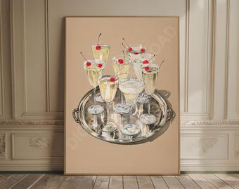 Champagne Print Cheers Poster Cherry Cocktail Bar Wall Decor Fun Drinks Print Barcart Art Trendy Kitchen Print Red Classy Above Bar Art