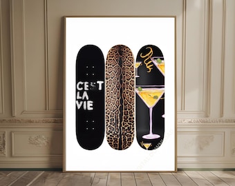 Pôster de skate de leopardo da moda, estampa de chita C'est La Vie, decoração de quarto feminino, pôster de Dirty Martini, decoração estética para garotas da cidade de Nova York
