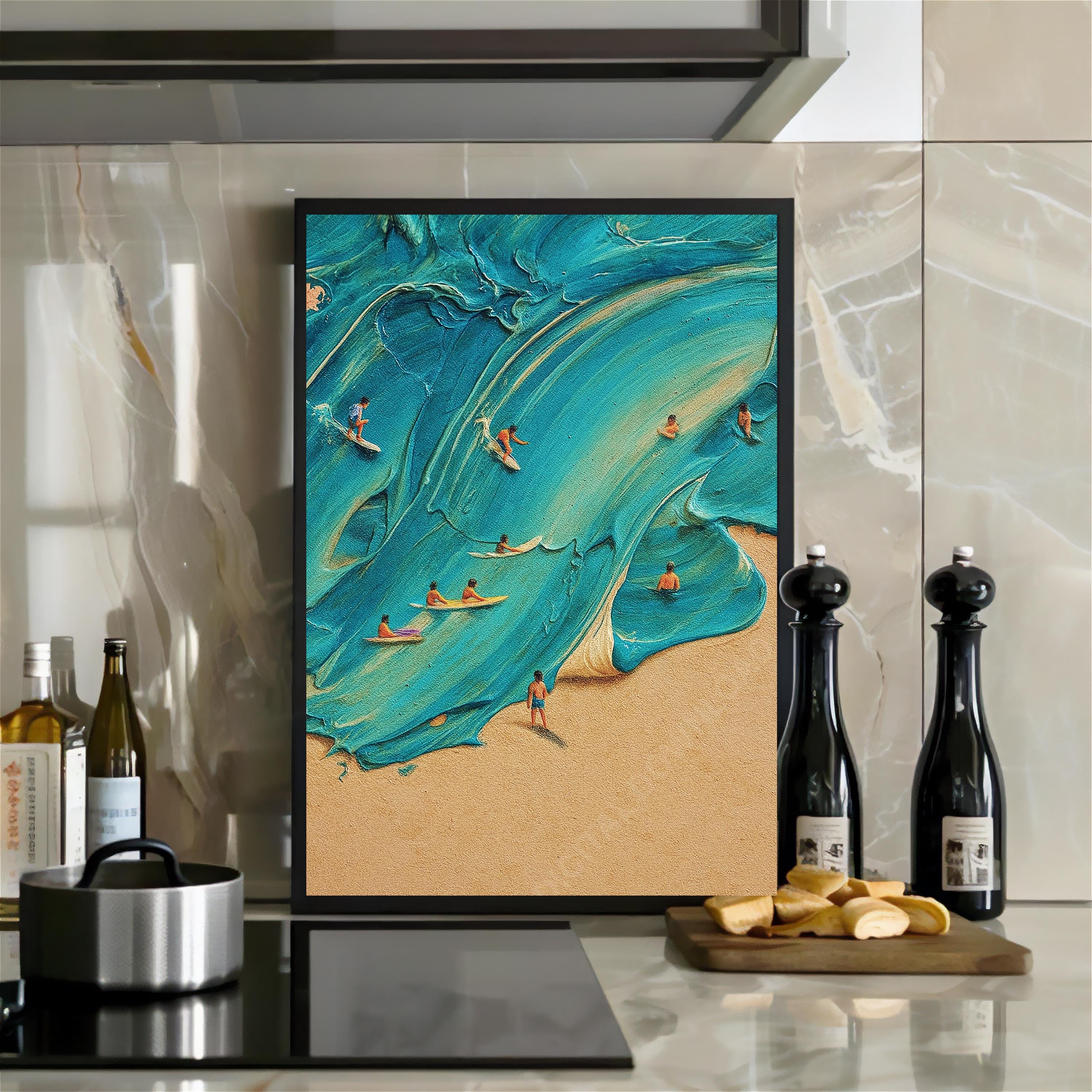 Aerial Surfers Art Print: Abstract Coastal Light Blue Ocean View